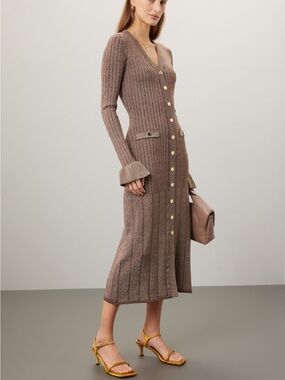 New! Rachel Parcell Metallic Gold Ribbed Midi Cardigan Dress 34109